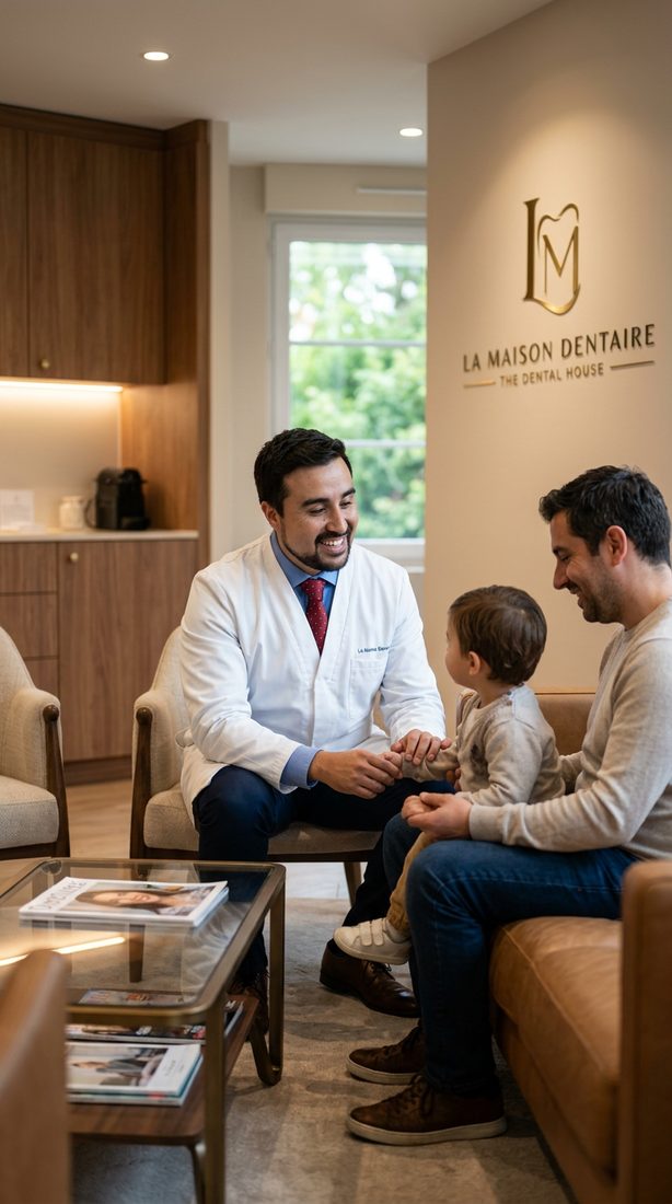 Dr. Sebastian Solano with a family at La Maison Dentaire